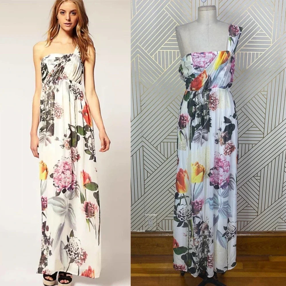 ASOS Floral One Shoulder Maxi Dress‎ in White Size 2